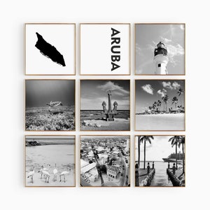 Aruba Square Conjunto blanco y negro de 9 fotos – Impresión de mapas Aruba 9 piezas arte de pared – Sala de estar Galería de descarga digital Aruba Home Decor Regalo