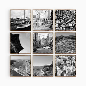 Conjunto minimalista de 9 impresiones cuadradas de Busan, Corea del Sur: arte mural de 9 piezas con fotografías en blanco y negro de Busan: pósteres de galería de descarga instantánea de viajes