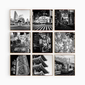 Conjunto de 9 impresiones de ciudades cuadradas de Tokio, Japón: impresiones de arte de pared en blanco y negro de 9 piezas de Tokio, Japón: galería de fotos con descarga digital estética