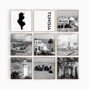 Túnez Cuadrado Blanco y Negro Conjunto de 9 fotos – Impresión de mapas Túnez 9 piezas arte de pared – Galería de descarga digital Set Túnez Home Decor Regalo