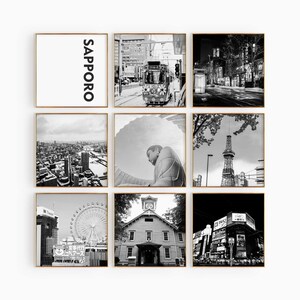 Fotografía en blanco y negro cuadrada de Sapporo, Japón, 9 piezas de arte de pared – Sapporo, Japón, conjunto de 9 impresiones – Pósteres de galería de descarga digital de viajes