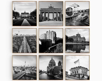 Berlin Germany Square Black and White Photograph 9 Piece Wall Art – Berlin Set of 9 Prints Travel Instant Digital Download Gallery Posters |