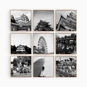 Conjunto de 9 impresiones de la ciudad de Nagoya, Japón: impresiones de arte de pared en blanco y negro de 9 piezas de Nagoya: galería de fotos con descarga digital de decoración de apartamentos