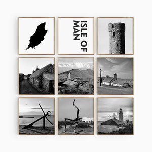 Conjunto de 9 fotografías en blanco y negro de la Isla de Man: impresión de mapas, arte de pared de 9 piezas, galería de descargas digitales estéticas, decoración del hogar de la Isla de Man