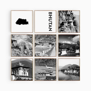 Bután cuadrado blanco y negro conjunto de 9 fotos – Impresión de mapas Bután 9 piezas pared arte sala de estar galería de descarga digital Bután decoración del hogar regalo