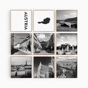 Austria Square Conjunto de 9 fotos en blanco y negro – Impresión de mapas Austria 9 piezas de arte de pared – Galería de descargas digitales Regalo de decoración estética del hogar