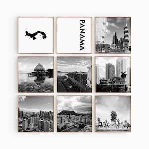 Fotografía en blanco y negro de la Plaza de Panamá Arte de pared de 9 piezas – Conjunto de impresión de mapa de Panamá de 9 impresiones – Galería de descarga digital carteles decoración de pared