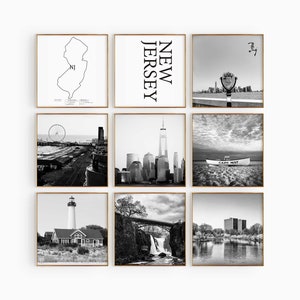 Foto cuadrada en blanco y negro de Nueva Jersey, EE. UU., Arte de pared imprimible de 9 piezas, Conjunto de 9 impresiones de Nueva Jersey, EE. UU., Galería de descargas digitales de moda