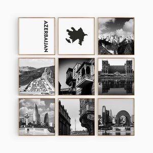 Fotografía cuadrada en blanco y negro de Azerbaiyán, arte de pared de 9 piezas – Juego de 9 impresiones de mapas de Azerbaiyán – Regalo de carteles de galería de descarga digital
