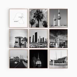 Kuwait Square Conjunto de 9 fotos en blanco y negro – Impresión de mapas Kuwait 9 piezas de arte de pared – Galería de descarga digital Kuwait Home Apartment Decor Gift
