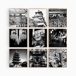 Conjunto minimalista de 9 impresiones cuadradas de Osaka, Japón: arte mural de 9 piezas con fotografías en blanco y negro de Osaka, Japón: pósteres de galería de descarga instantánea de viajes