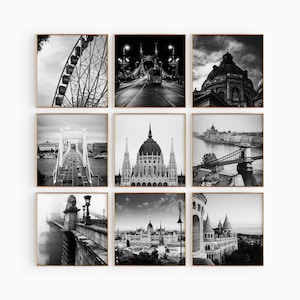 Budapest Hungary Minimalist Set of 9 Square Prints – Budapest Black and White Photo 9 Piece Wall Art Travel Instant Download Gallery Posters