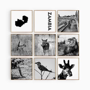 Zambia Square Fotografía en blanco y negro 9 piezas de arte de pared – Zambia Map Print Set de 9 impresiones – Galería de descarga digital carteles decoración de pared