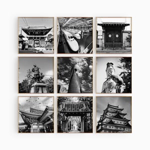 Conjunto minimalista de 9 impresiones cuadradas de Nagoya, Japón: pósteres de galería de descarga instantánea de fotografías en blanco y negro de 9 piezas de arte de pared de Nagoya, Japón