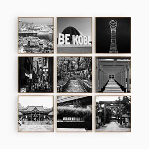 Fotografía en blanco y negro cuadrada de Kobe, Japón, 9 piezas de arte de pared imprimible – Conjunto de 9 impresiones de Kobe, Japón – Galería de descarga digital de Apartment Trendy