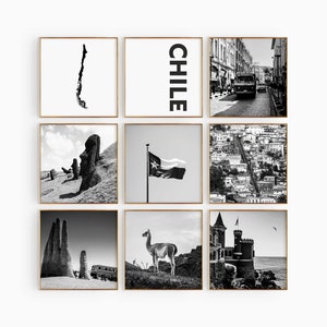 Chile Square Fotografía en blanco y negro 9 piezas Arte de pared – Chile Mapa Impresión Conjunto de 9 impresiones – Galería de descarga digital Carteles Decoración de pared