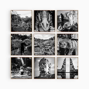 Conjunto minimalista de 9 impresiones cuadradas de Bali, Indonesia: fotografía en blanco y negro de Bali, 9 piezas de arte de pared, pósteres de galería de descarga instantánea para viajes, regalo