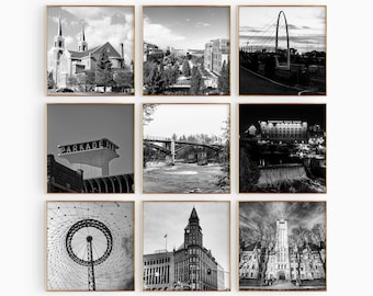 Spokane Washington Square Fotografía en blanco y negro Arte de pared imprimible en 9 piezas – Spokane WA Conjunto de 9 impresiones – Galería de descargas digitales de moda