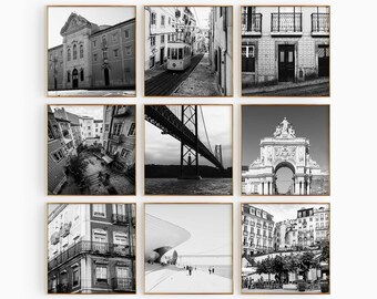 Lisbon Portugal Set of 9 Square City Prints – Lisbon Portugal Black and White 9 Piece Wall Art Prints – Digital Download Photo Gallery Gift