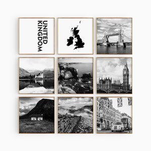 Reino Unido Cuadrado Blanco y Negro Conjunto de 9 fotos – Impresión de mapas Gran Bretaña 9 piezas Arte de pared Imprimible Galería de descarga digital Regalo de decoración del hogar