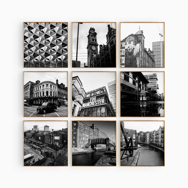Manchester England Set of 9 Square City Prints – Manchester England Black and White 9 Piece Wall Art Prints – Digital Download Photo Gallery