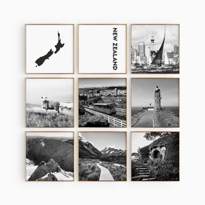 Conjunto minimalista de Nueva Zelanda de 9 impresiones cuadradas – Impresión de mapa de Nueva Zelanda Foto en blanco y negro 9 piezas Arte de pared Descarga instantánea Póster de la galería