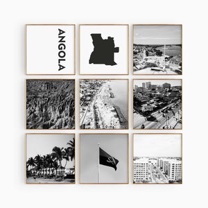 Angola Square Conjunto de 9 fotos en blanco y negro – Impresión de mapas Angola 9 piezas Arte de pared – Galería de descarga digital Angola Sala de estar Decoración Regalo