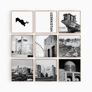 Uzbekistán Cuadrado Conjunto en blanco y negro de 9 fotos – Impresión de mapas Uzbekistán 9 piezas Arte de pared – Asia Galería de descargas digitales Regalo de decoración del hogar