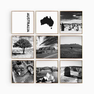 Fotografía en blanco y negro de Australia Square, 9 piezas de arte de pared – Conjunto de 9 impresiones de Australia – Descarga digital, pósteres de galería, decoración de pared, regalo