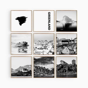 Groenlandia Cuadrado Blanco y Negro Conjunto de 9 Fotos – Impresión de mapas Groenlandia 9 Piezas Arte de pared – Galería de descargas digitales Dinamarca Regalo de decoración del hogar