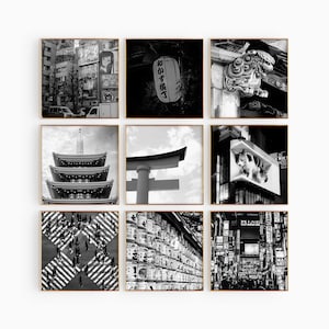 Conjunto minimalista de 9 impresiones cuadradas de Tokio, Japón: arte mural de 9 piezas con fotografías en blanco y negro de Tokio, Japón: pósteres de galería de descarga instantánea de viajes