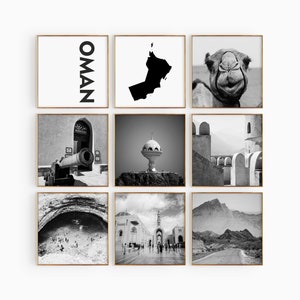 Omán Square Fotografía en blanco y negro 9 piezas Arte de pared – Omán Mapa Impresión Conjunto de 9 impresiones – Galería de descarga digital Pósteres Decoración de pared Regalo