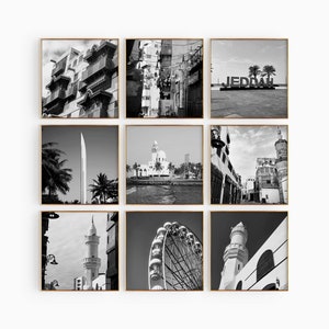 Conjunto minimalista de 9 impresiones cuadradas de Jeddah, Arabia Saudita: arte mural de 9 piezas con fotografías en blanco y negro: pósteres de galería de descarga instantánea de viajes