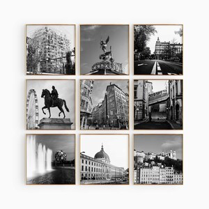 May include: A grid of nine square black and white photographs featuring various urban scenes, including a statue of a person on a horse, a fountain, architectural buildings, a city street, a bridge, and a monument with a winged figure.