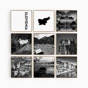 Fotografía en blanco y negro de la plaza de Eslovenia, arte de pared de 9 piezas – Impresión de mapas de Eslovenia, conjunto de 9 impresiones, galería de descarga digital, carteles, decoración de pared