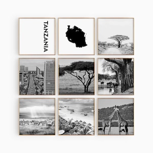 Tanzania Square Conjunto de 9 fotografías en blanco y negro – Impresión de mapas Tanzania Arte de pared de 9 piezas – Galería de descargas digitales Regalo de decoración del hogar de Tanzania