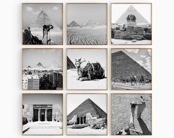 Giza Egypt Set of 9 Square Prints – Giza Egypt Black and White Photo 9 Piece Wall Art – Pyramids of Egypt Digital Download Gallery Posters