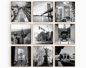 Philadelphia Pennsylvania Set of 9 Square Prints – Philadelphia PA Black and White Photo 9 Piece Wall Art – Digital Download Gallery Posters
