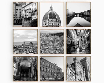 Ensemble de 9 impressions carrées Florence Italie – Photo noir et blanc Florence Italie, 9 pièces d'art mural – Posters de galerie de voyage en téléchargement numérique