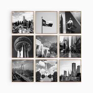 Dallas Texas Foto en blanco y negro Arte de pared de 9 piezas – Texas Conjunto de 9 impresiones – TX Dallas Digital Download Gallery Texas Home Decor Imprimible