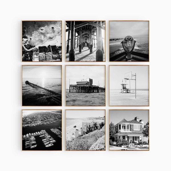 Newport Beach California Set of 9 Square City Prints – Newport Beach CA Black and White 9 Piece Wall Art Prints – Digital Download Photo