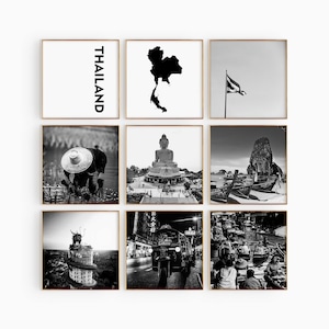 Fotografía cuadrada en blanco y negro de Tailandia, arte de pared de 9 piezas – Impresión de mapa de Tailandia, conjunto de 9 impresiones, galería de descarga digital, carteles, decoración de pared