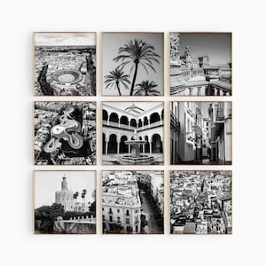 Andalusien Spanien Minimalistisches Set mit 9 quadratischen Drucken – Andalusien Schwarzweißfoto 9-teilige Wandkunst – Reise-Sofortdownload-Galerieposter