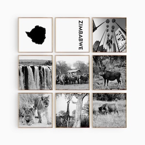 Zimbabwe Square Conjunto de 9 fotografías en blanco y negro – Impresión de mapas Zimbabwe Arte de pared de 9 piezas – Galería de descargas digitales Regalo de decoración del hogar de Zimbabwe