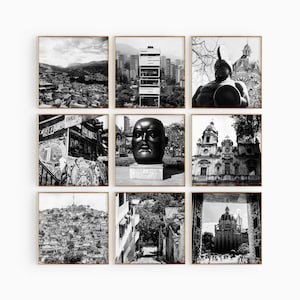 Medellín Colômbia Conjunto de 9 gravuras quadradas de cidades - Medellín Colômbia Impressões de arte em parede de 9 peças em preto e branco - Download digital Galeria de fotos