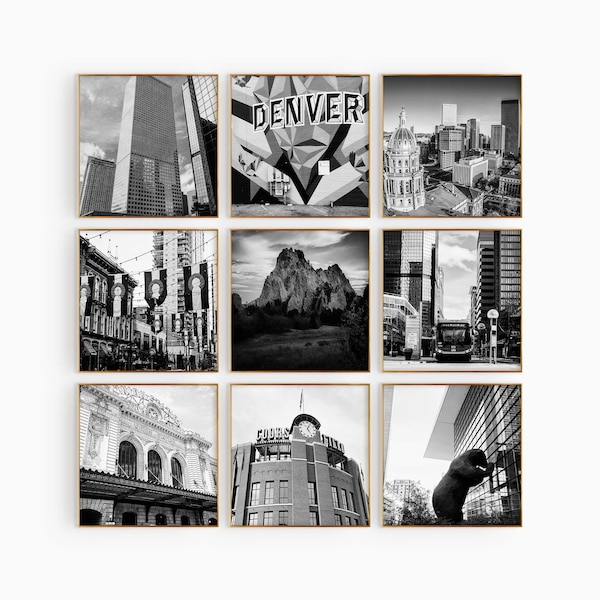 Denver Colorado Set of 9 Square City Prints – Denver Colorado Black and White 9 Piece Wall Art Prints – CO Digital Download Photo Gallery