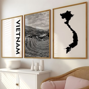 Vietnam Schwarz-Weiß-Fotografie 3-teilige Wandkunst - Vietnam Map Print Set von 3 Drucken - Digitaler Download Galerie Poster Wanddeko Geschenk