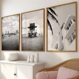 Esthetische zwart-witfoto Miami Florida, 3-delige muurkunst – Miami, VS set van 3 prints – reizen Digitale downloadgalerij posters