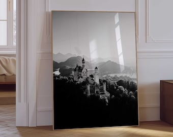 Neuschwanstein Castle Germany Black and White Photo Piece Printable Wall Art – Bavaria Castle Print Trendy Digital Download Gallery Poster