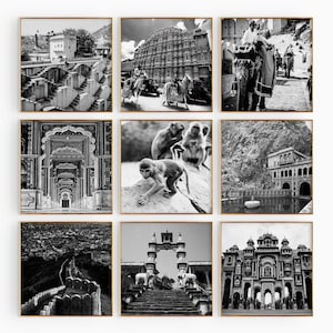Conjunto minimalista de 9 impresiones cuadradas de Jaipur, India. Fotografía en blanco y negro de Rajastán. Arte mural de 9 piezas. Pósteres de galería de descarga instantánea de viajes.